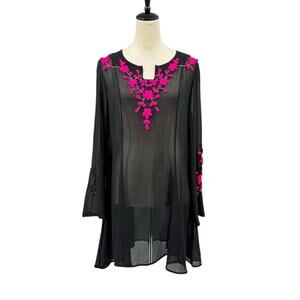 Roja Black Sheer Chiffon Hot Pink Embroidered Floral Long Sleeve Tunic Coverup